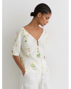 Reiss Linen-Blend Floral-Print Top - White