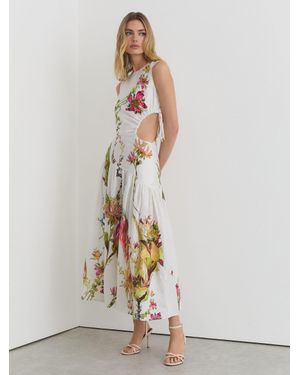 Reiss Bianca - Ivory Linen Floral-print Cut-out Midi Dress, Us 12 - White