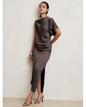Reiss Satin Draped Asymmetric Midi Dress - Natural