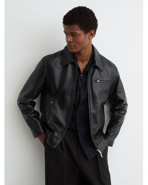 Reiss Leather Zip-Through Jacket - Black