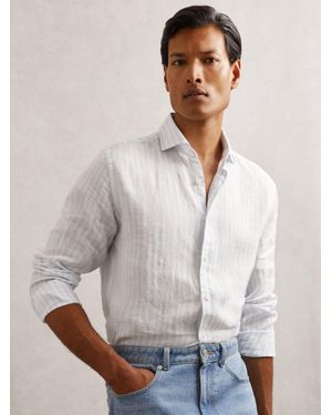 Reiss Pale & Stripe Linen Striped Cutaway-Collar Shirt Regular-Fit - White