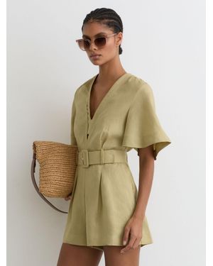 Reiss Sansi - Green Linen Short-sleeve Belted Playsuit, Us 10