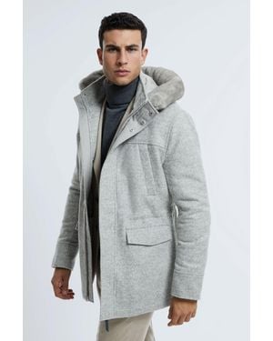 ATELIER Grey Melange Tremezzo Wool Blend Removable Faux Fur Hooded Coat