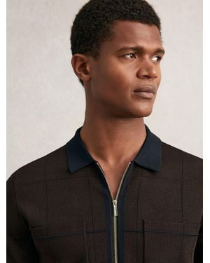 Reiss Chocolate & Compact-Knit Tipped Zip-Through Shirt - Black