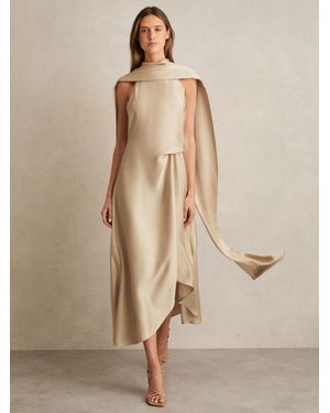Reiss Michelle - Champagne Neutral Satin Tuck-detail Cape Midi Dress, Us 8 - Natural