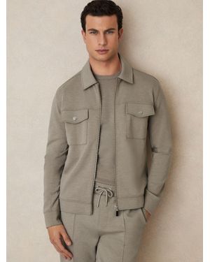 Reiss Medina - Taupe Premium Interlock Zip-through Overshirt, Small - Brown