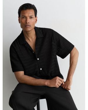 Reiss Chevron-Crochet Cuban-Collar Shirt - Black
