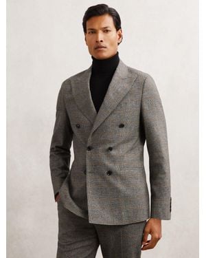 Reiss Wool Double-Breasted Check Tailored-Fit Suit Blazer - Grey