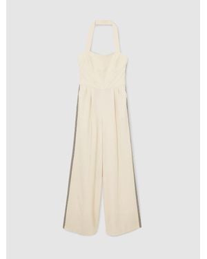 Reiss Viola - Cream Petite Embroidery Halterneck Wide-leg Jumpsuit, Us 10 - Natural
