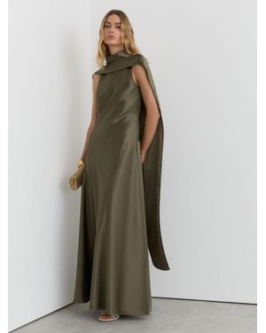 Reiss Fae - Khaki Green Petite Satin Cape Maxi Dress, Us 6