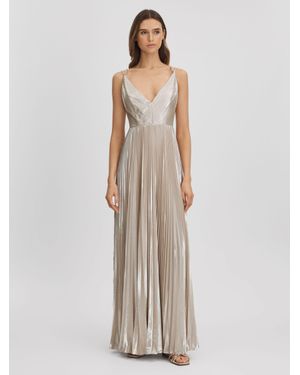 Halston Metallic Pleated Maxi Dress - Natural
