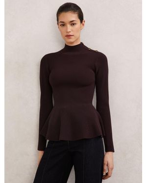 Reiss Rib-Knit High-Neck Peplum Top - Blue