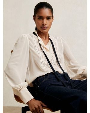 Reiss Lace-Embroidered Tie-Neck Shirt - Natural