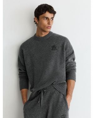Reiss Monogram Embroidered Relaxed Wool Jumper - Grey