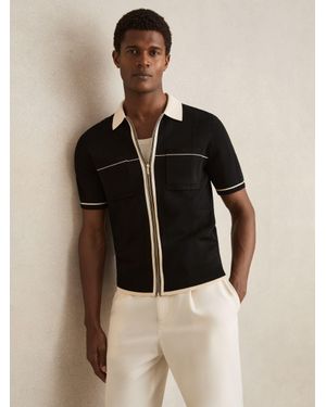 Reiss Stone Compact-Knit Tipped Zip-Through Shirt - Natural