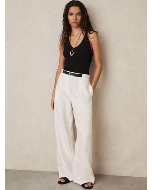 Reiss Analise - White Linen Belted Wide-leg Trousers, Us 12 R - Natural