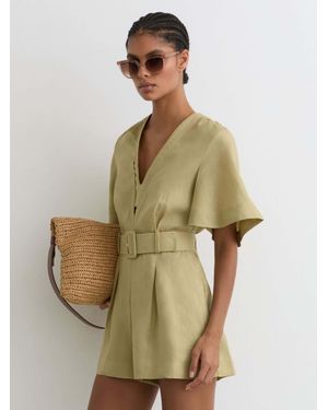 Reiss Sansi - Green Linen Short-sleeve Belted Playsuit, Us 14