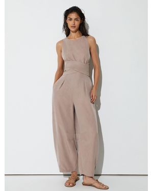 Reiss Lyocell Cross-Back Barrel-Leg Jumpsuit - Natural