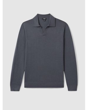 Reiss Milburn - Blackened Blue Merino Wool Half-zip Polo Shirt, Xl - Grey