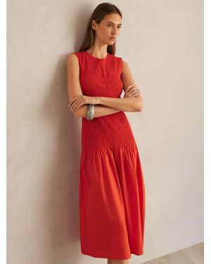 Reiss Annabel - Red Petite Cotton Shirred Midi Dress, Us 12