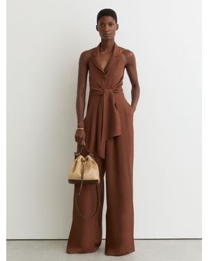 Reiss Tie-Front Wide-Leg Jumpsuit With Linen - Brown
