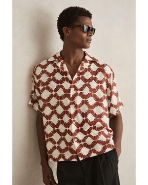 Reiss Off & Rust Abstract Floral Print Cuban Shirt - Brown