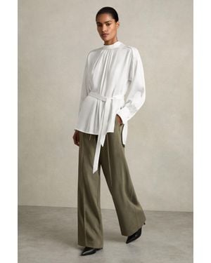 Reiss Woven High-Neck Belted Blouse - Natural