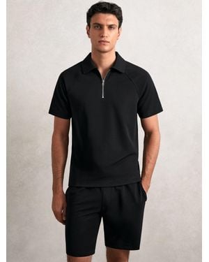 Reiss Winston - Black Textured Raglan Half-zip Polo Shirt, Xxl