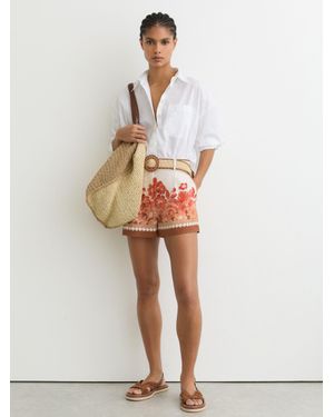 Reiss Linen Floral-Print Belted Shorts - White