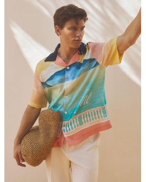 Reiss Veranda - Pink Multi Ché Hand-painted Cuban Collar Shirt, L - Blue