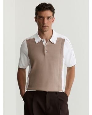 Reiss Camel & Colour-Block Knitted Polo Shirt - Natural