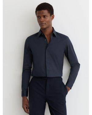 Reiss Vega - Navy Stretch-cotton Concealed-placket Shirt Slim-fit, Us 15.5 R - Blue