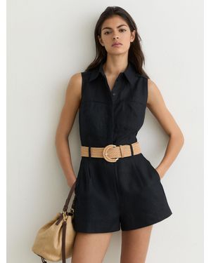 Reiss Linen Sleeveless Belted Playsuit - Black