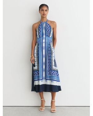 Reiss Scarf-Print Halterneck Midi Dress - Blue