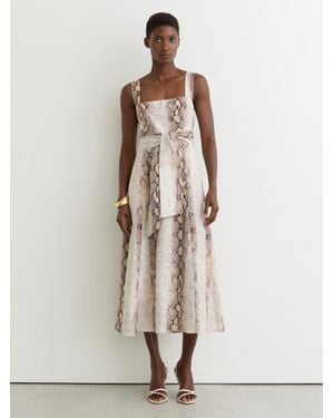 Reiss Amy - Neutral Linen-blend Snake-print Midi Dress, Us 14 - Natural