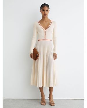 Reiss Rib-Knit Stripe-Trim Pleated Midi Dress - Natural