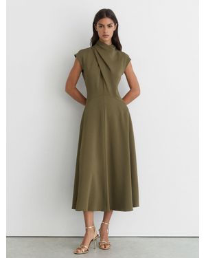 Reiss High-Neck Pleat-Detail Midi Dress - Green