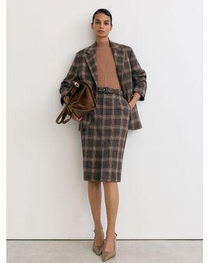 Reiss Sandor - Brown Check Petite Wool Check Midi Pencil Skirt, Us 14 - Multicolour