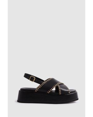 Reiss Leather Raffia Stitch Platform Sandals - Black