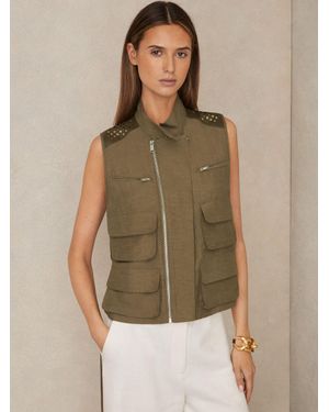 Reiss Grace Cargo-Pocket Laser-Cut Gilet With Linen - Green