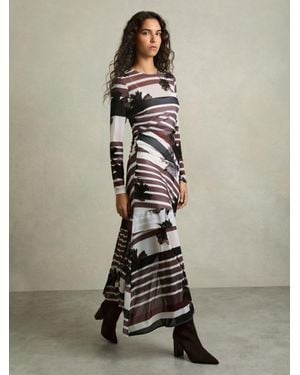 Reiss Burgundy & Abstract Print Ruched Dress - Natural