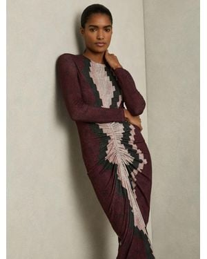 Reiss Georgia Burgundy Petite Jersey Ruched Printed Dress With Wool, Burgundy - Brown