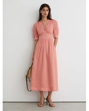 Reiss Poppy - Pink Short-sleeve Waisted Midi Dress, Us 6