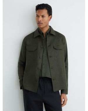 Reiss Linen Herringbone-Stripe Regular-Fit Shirt - Green