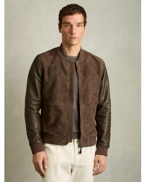 Reiss Leather-Sleeve Suede Bomber Jacket - Brown