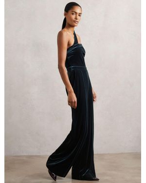 Reiss Daria - Teal Green Velvet One-shoulder Wide-leg Jumpsuit, Us 14 - White