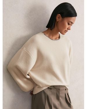 Reiss Wool-Blend Necklace-Trim Jumper With Cashmere - Natural