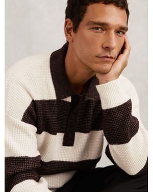 Reiss Chocolate & Off Waffle-Knit Stripe Half-Button Jumper With Wool - Black