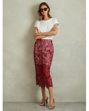 Reiss Sheer Lace Midi Pencil Skirt - Red