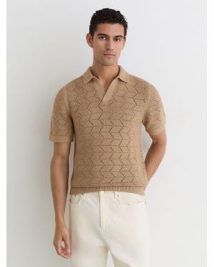 Reiss Belford Pointelle-Knitwear Open-Collar Polo Jumper - Natural